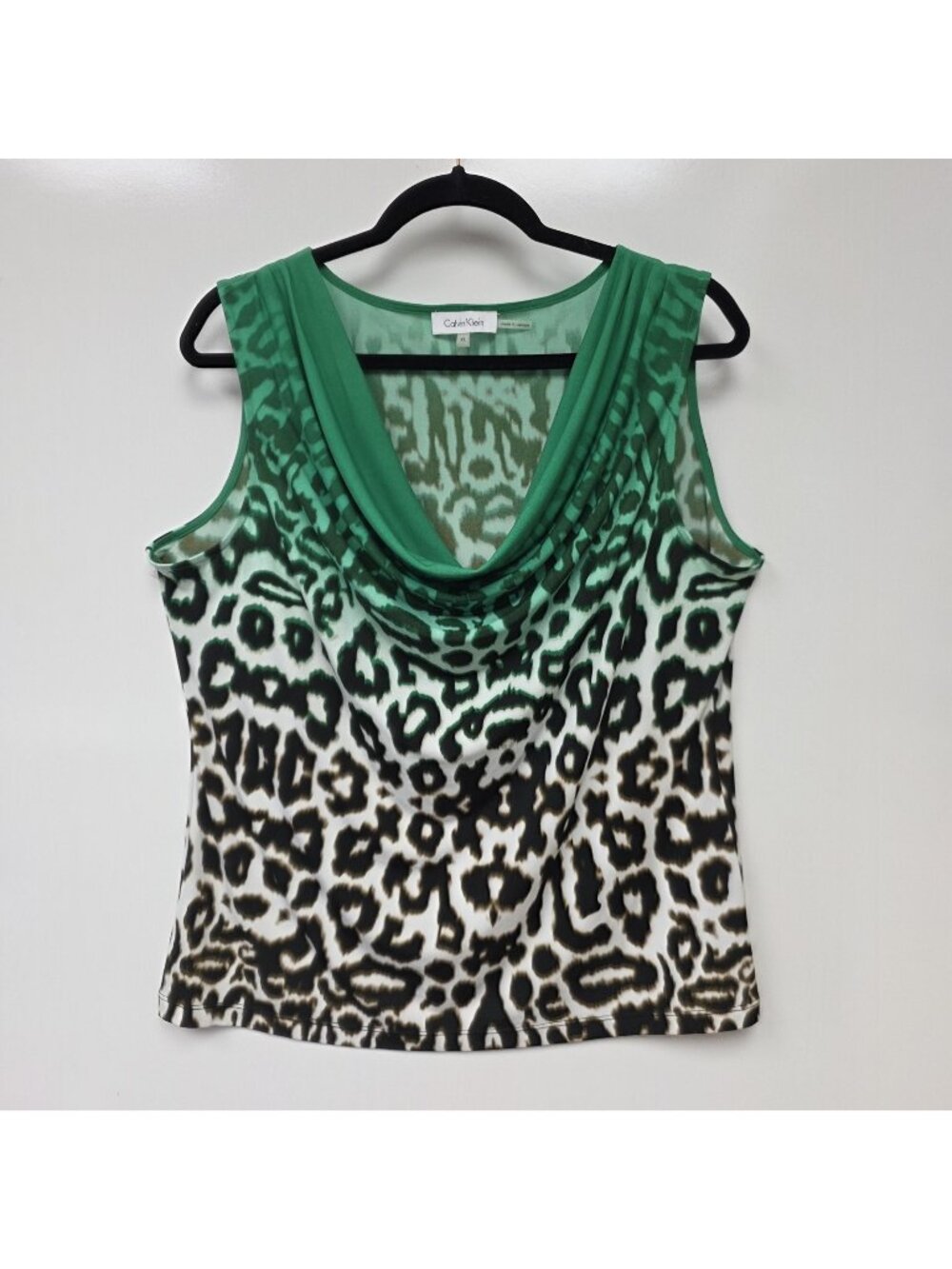 Calvin Klein Tank Top Womens XL Green Cowl Neck Sleeveless Animal Print Stretch